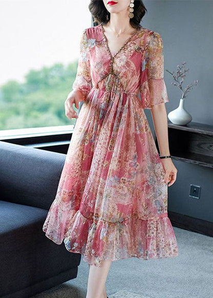 Bohemian Pink V Neck Print Chiffon Long Dresses Summer LY0509 - fabuloryshop