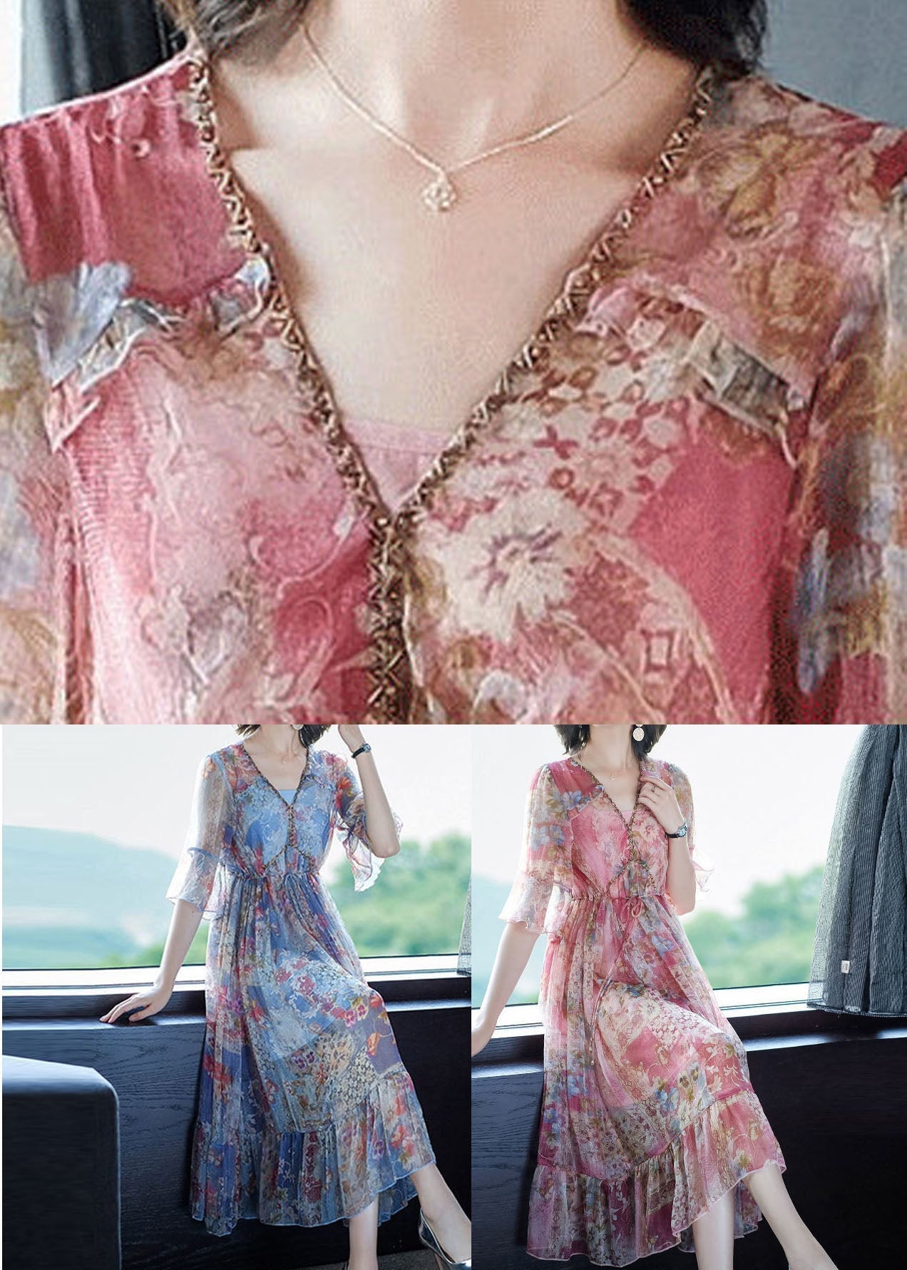Bohemian Pink V Neck Print Chiffon Long Dresses Summer LY0509