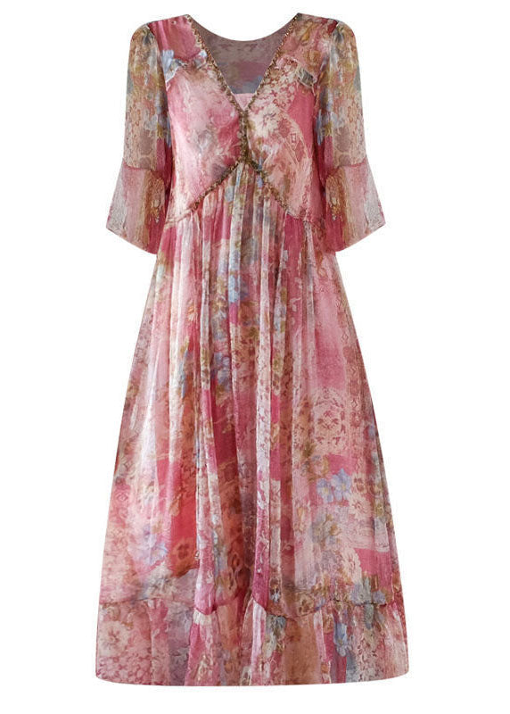 Bohemian Pink V Neck Print Chiffon Long Dresses Summer LY0509 - fabuloryshop