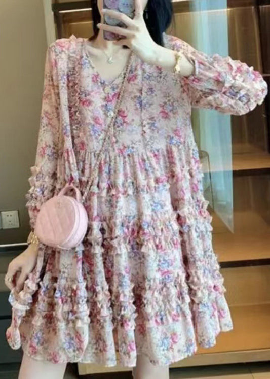 Bohemian Pink V Neck Print Patchwork Ruffled Mid Dress Long Sleeve LY0214 - fabuloryshop