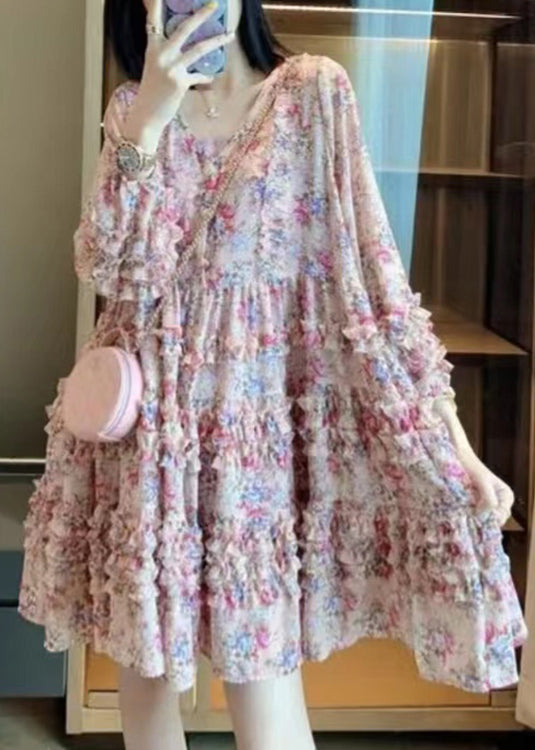 Bohemian Pink V Neck Print Patchwork Ruffled Mid Dress Long Sleeve LY0214 - fabuloryshop