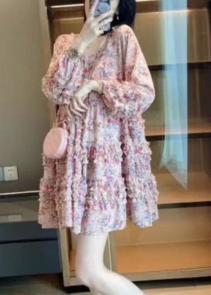 Bohemian Pink V Neck Print Patchwork Ruffled Mid Dress Long Sleeve LY0214 - fabuloryshop