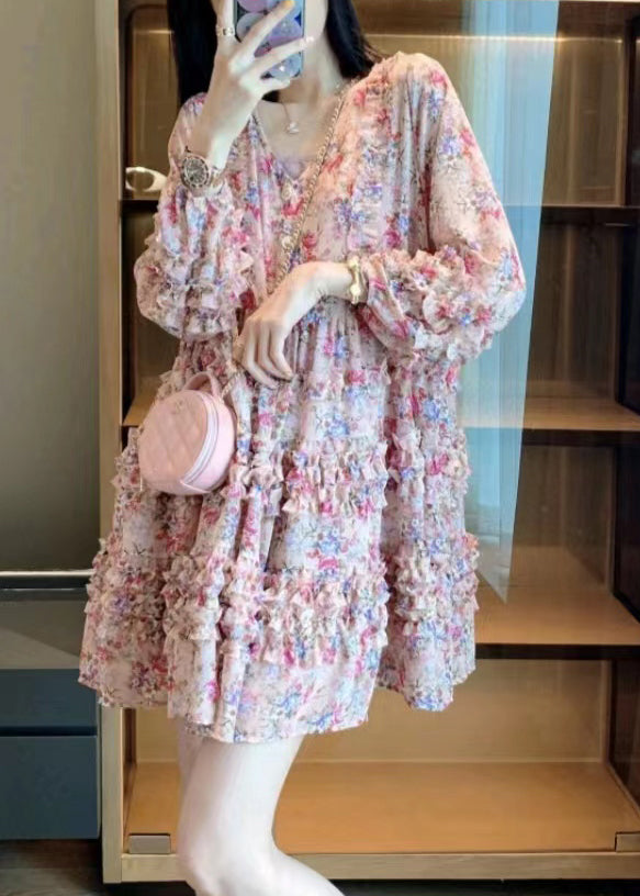 Bohemian Pink V Neck Print Patchwork Ruffled Mid Dress Long Sleeve LY0214 - fabuloryshop