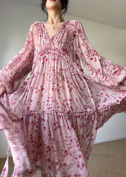 Bohemian Pink V Neck Print Patchwork Ruffles Silk Dresses  Spring LC0483 - fabuloryshop