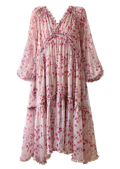 Bohemian Pink V Neck Print Patchwork Ruffles Silk Dresses  Spring LC0483 - fabuloryshop