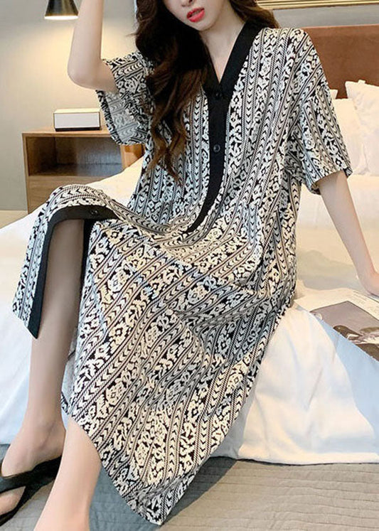 Bohemian Plaid V Neck Patchwork Cotton Pajamas Dress Summer LY2847