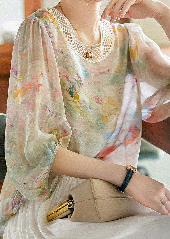 Bohemian Print Hollow Out Silk Shirts Long Sleeve LY0361 - fabuloryshop