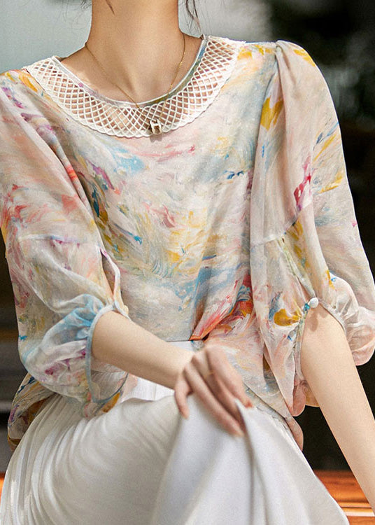 Bohemian Print Hollow Out Silk Shirts Long Sleeve LY0361 - fabuloryshop