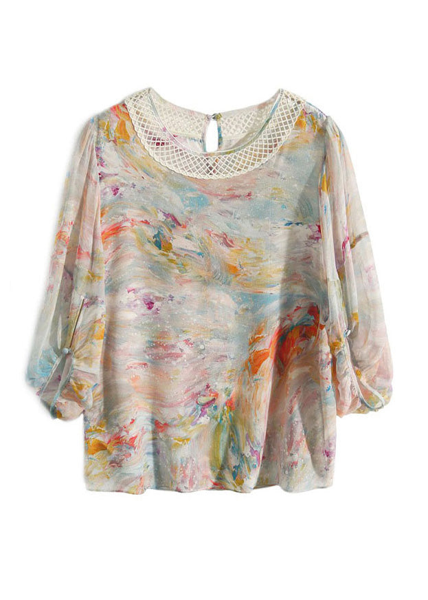 Bohemian Print Hollow Out Silk Shirts Long Sleeve LY0361 - fabuloryshop