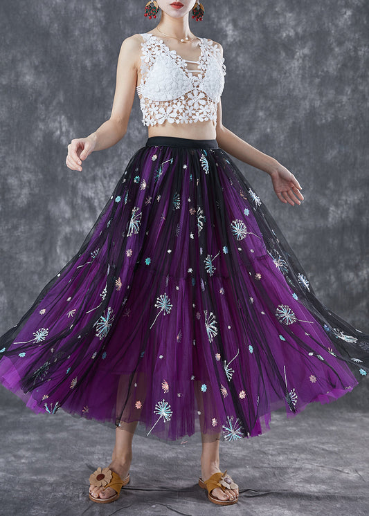 Bohemian Purple Dandelion Embroideried Wear On Both Sides Tulle Skirt Summer TA1054 - fabuloryshop