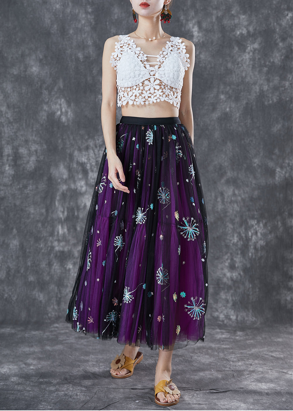 Bohemian Purple Dandelion Embroideried Wear On Both Sides Tulle Skirt Summer TA1054 - fabuloryshop