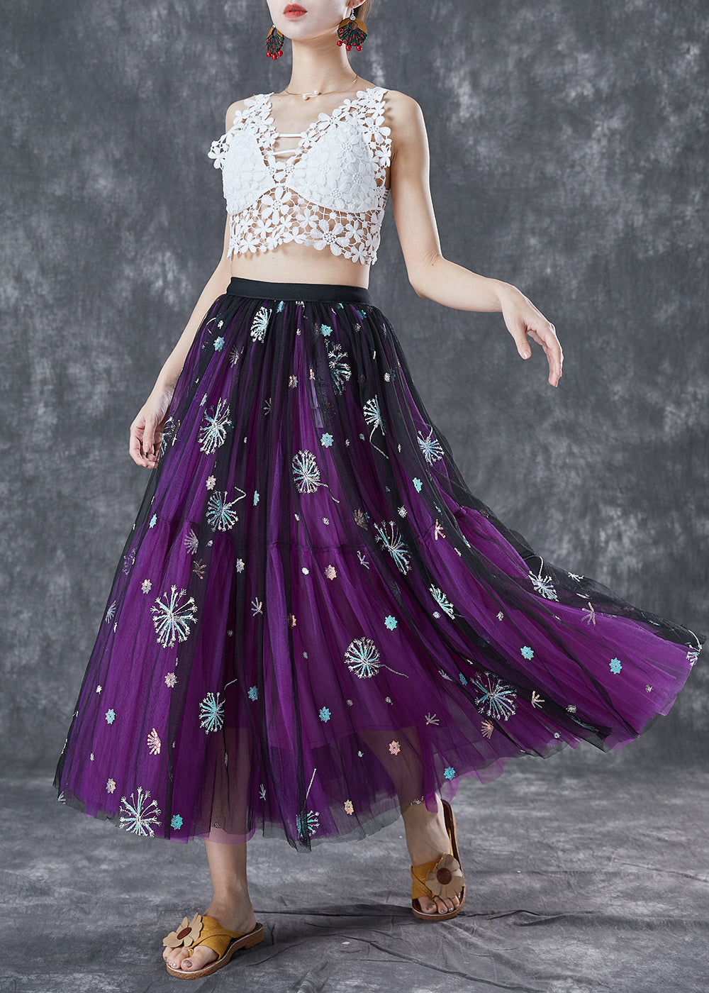 Bohemian Purple Dandelion Embroideried Wear On Both Sides Tulle Skirt Summer TA1054 - fabuloryshop