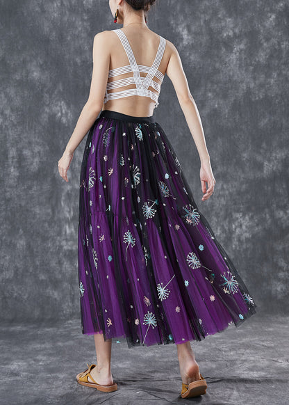 Bohemian Purple Dandelion Embroideried Wear On Both Sides Tulle Skirt Summer TA1054 - fabuloryshop