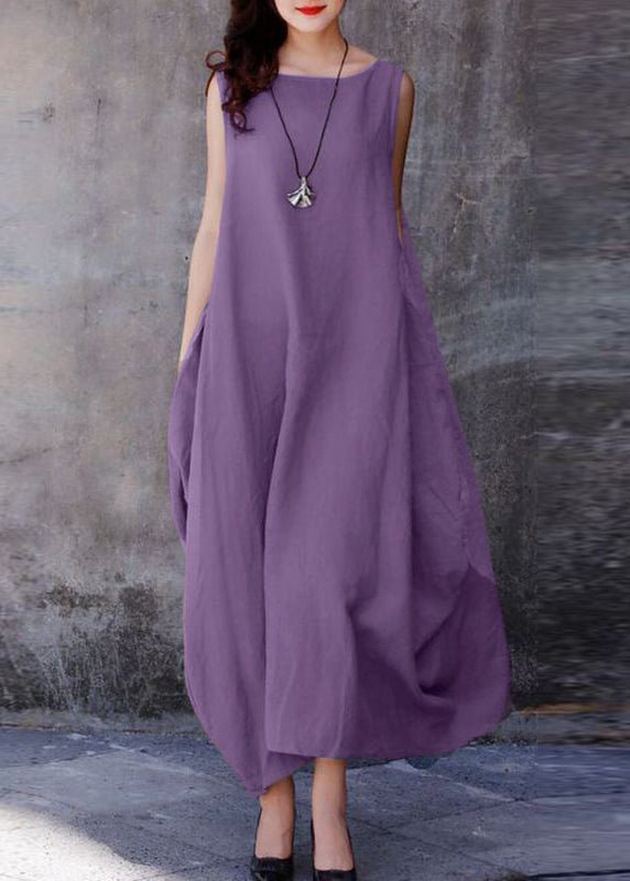 Bohemian Purple O-Neck Exra Large Hem Cotton Dresses Sleeveless LY2607 - fabuloryshop