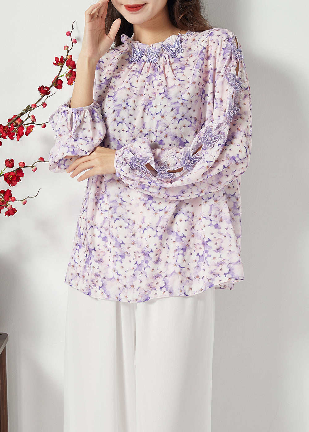 Bohemian Purple Print Hollow Out Chiffon Blouses Spring LC0391 - fabuloryshop