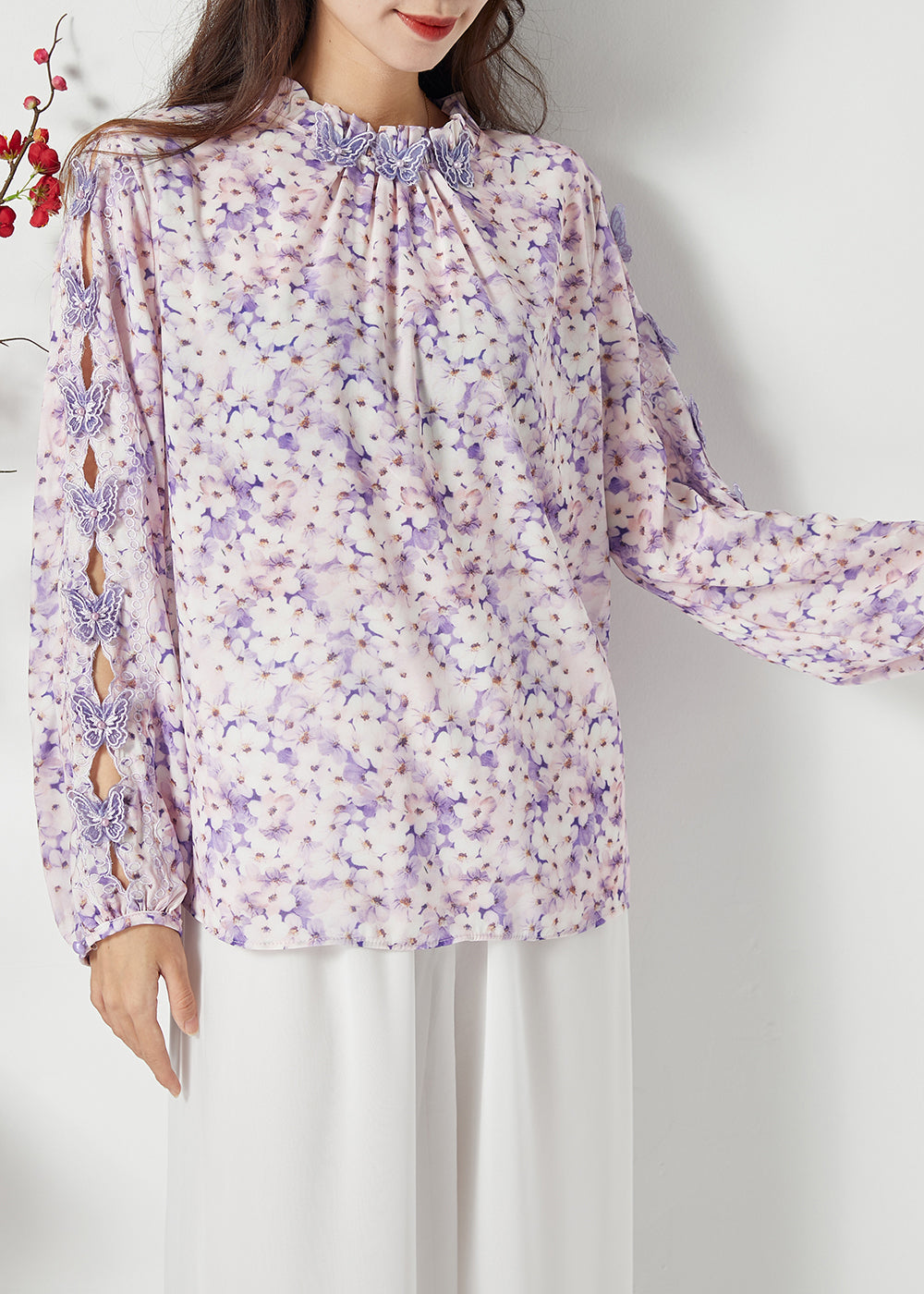 Bohemian Purple Print Hollow Out Chiffon Blouses Spring LC0391 - fabuloryshop