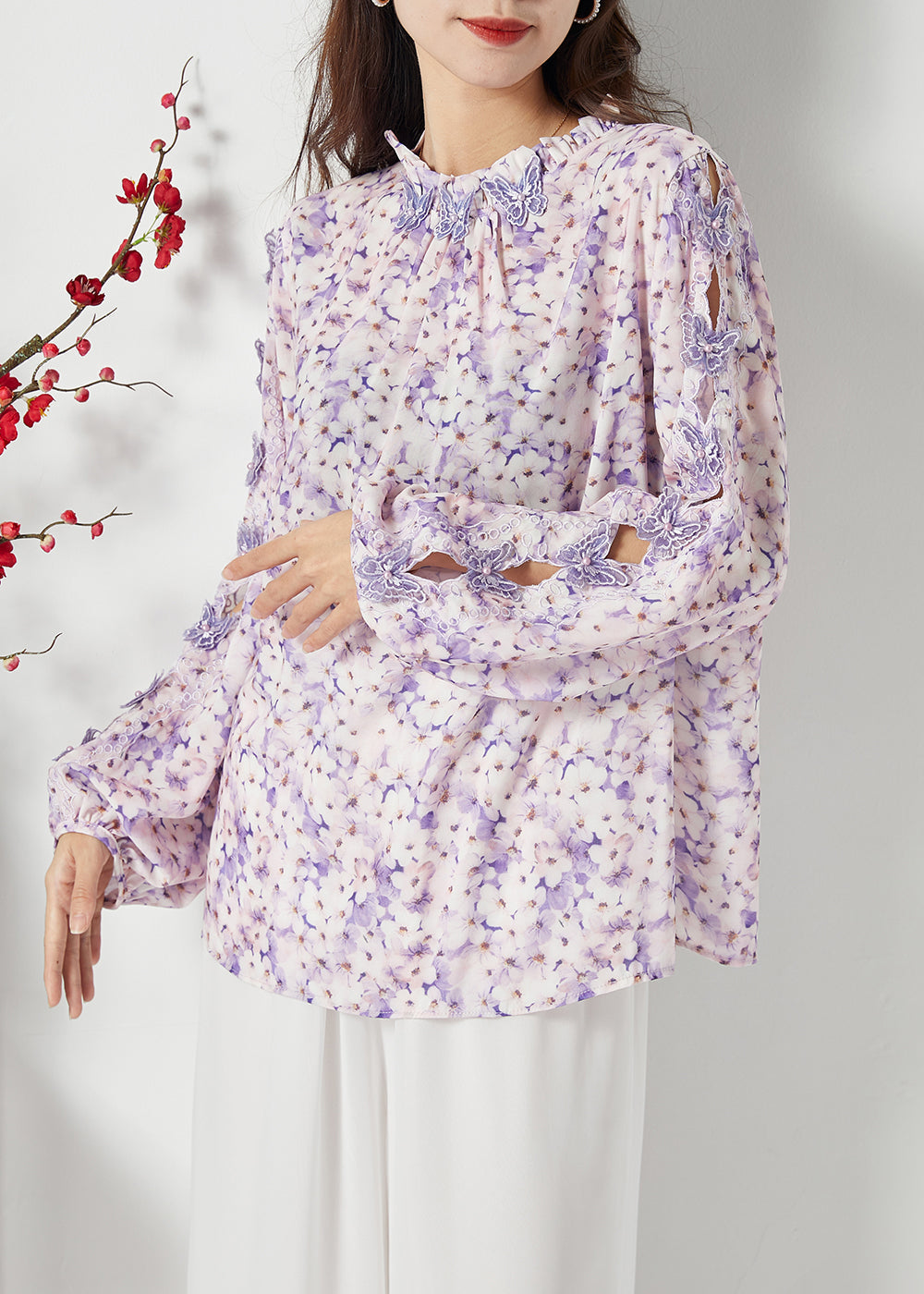 Bohemian Purple Print Hollow Out Chiffon Blouses Spring LC0391 - fabuloryshop