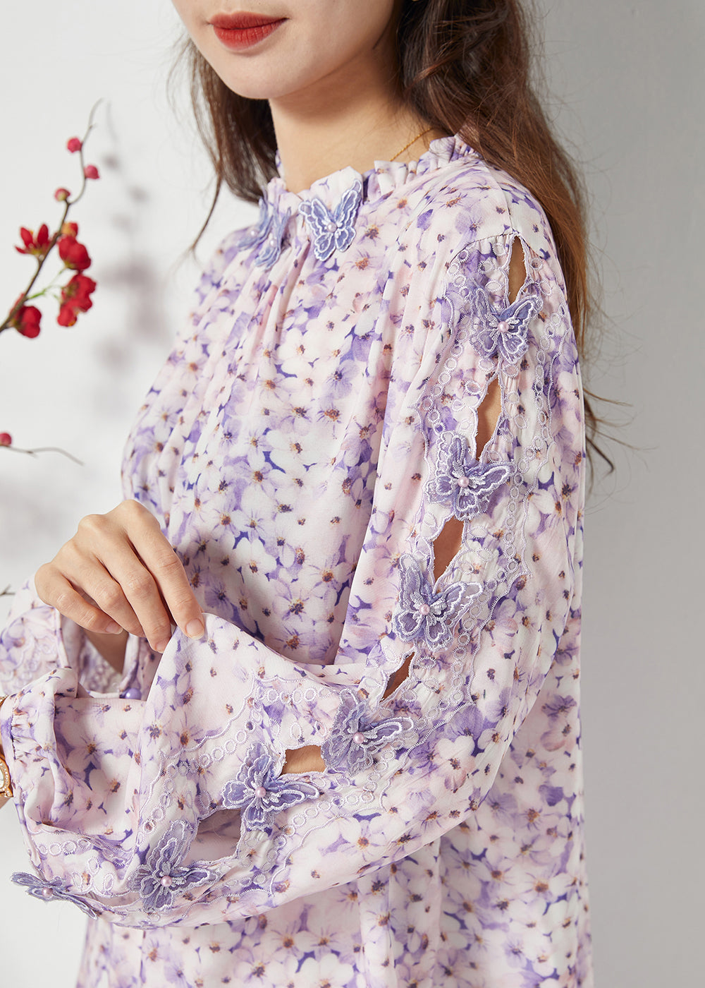 Bohemian Purple Print Hollow Out Chiffon Blouses Spring LC0391 - fabuloryshop