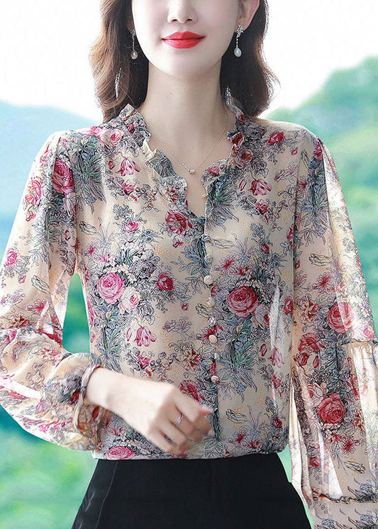 Bohemian Purple Ruffled Print Chiffon Shirts Spring LY0043 - fabuloryshop