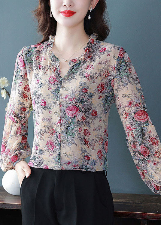 Bohemian Purple Ruffled Print Chiffon Shirts Spring LY0043 - fabuloryshop