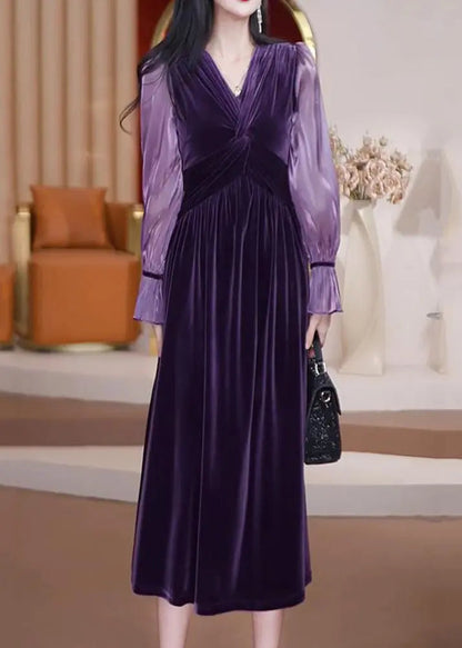 Bohemian Purple V Neck Patchwork Wrinkled Silk Velour Long Dresses Long Sleeve Ada Fashion