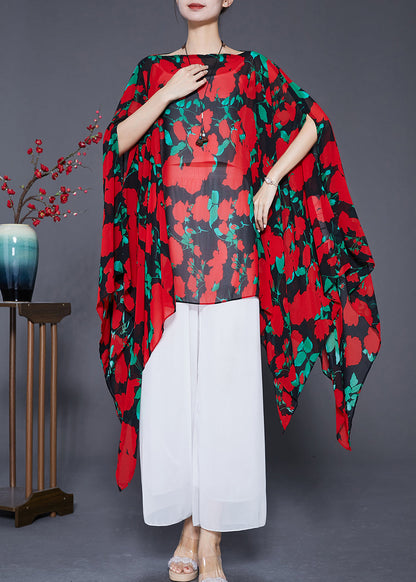 Bohemian Red Asymmetrical Print Chiffon Long Smock Batwing Sleeve Ada Fashion