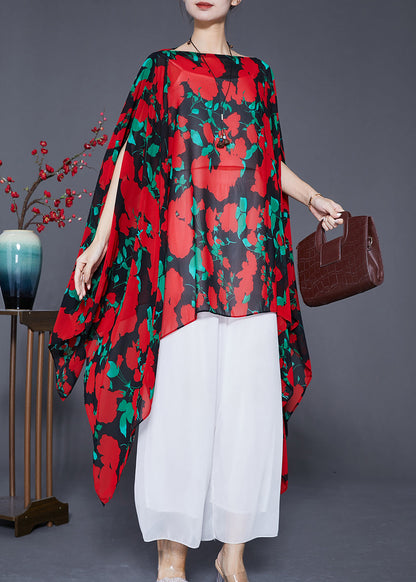 Bohemian Red Asymmetrical Print Chiffon Long Smock Batwing Sleeve Ada Fashion