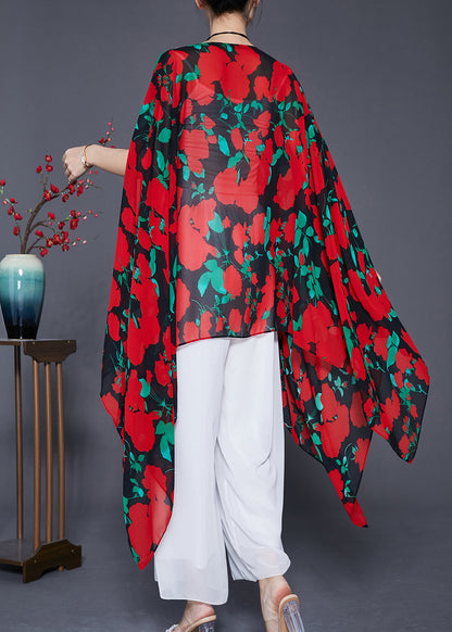 Bohemian Red Asymmetrical Print Chiffon Long Smock Batwing Sleeve Ada Fashion