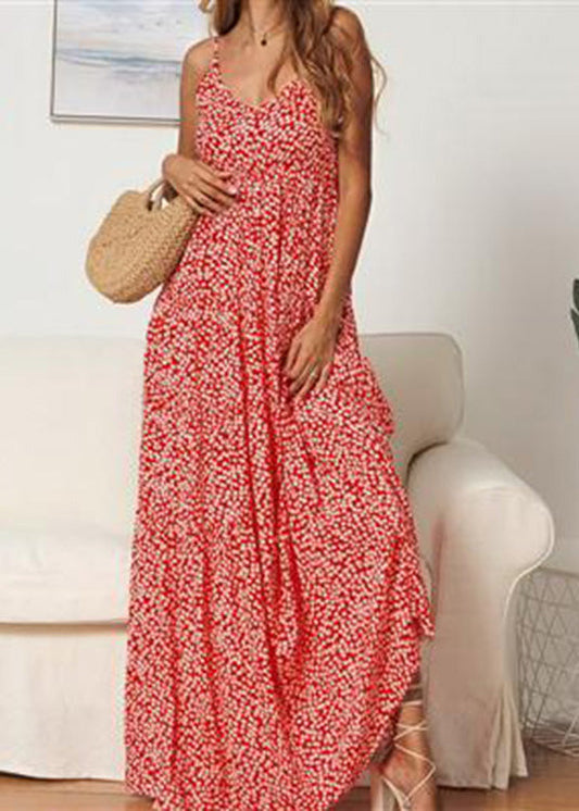 Bohemian Red Beach Summer Long Floral Dress for Women Dresses LC0013 - fabuloryshop