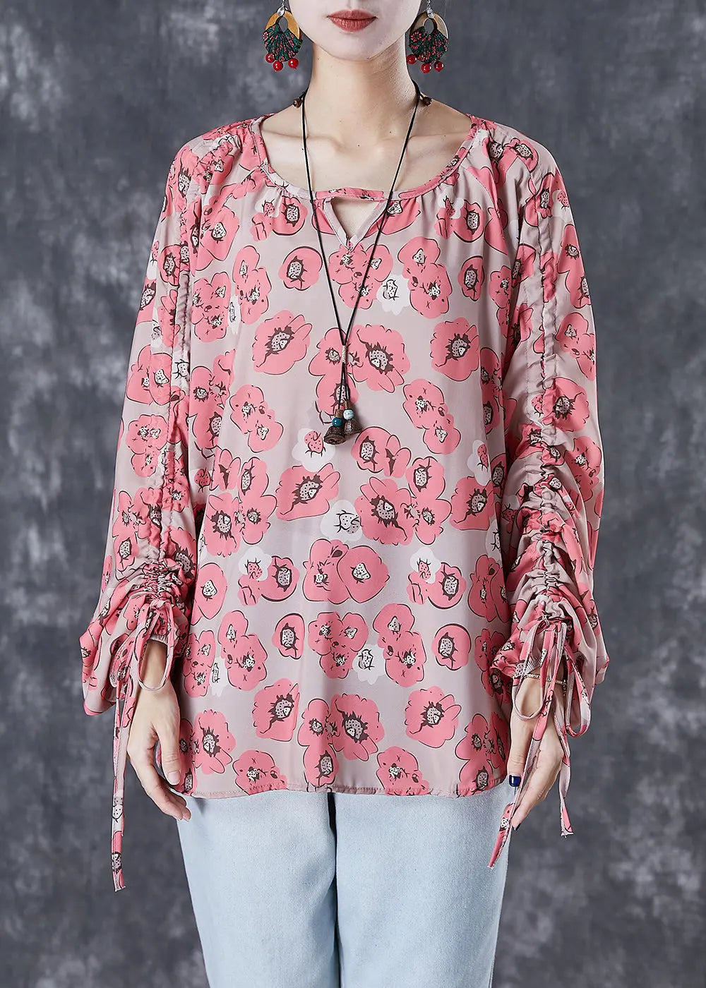 Bohemian Red Cinched Print Shirt Top Fall Ada Fashion