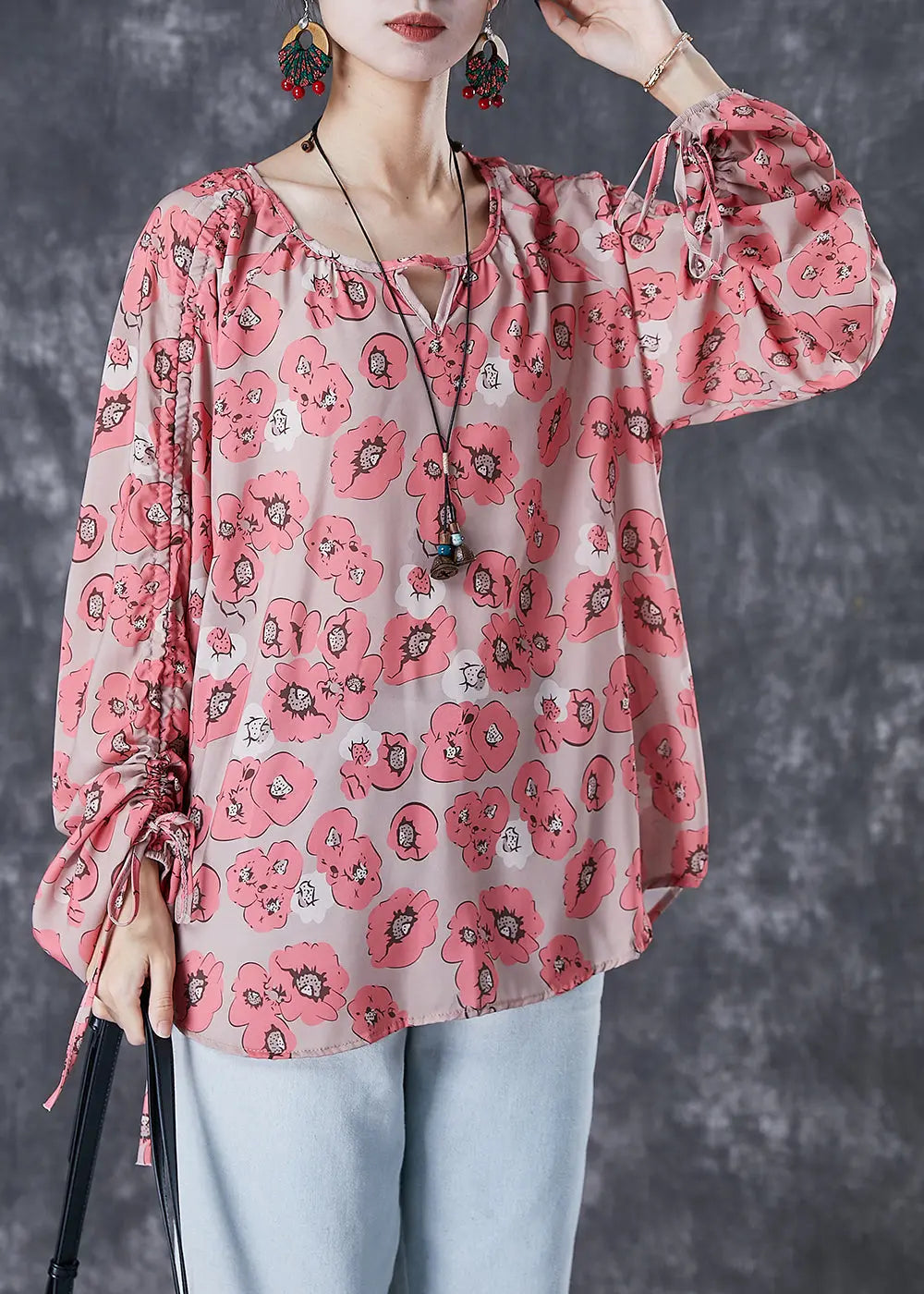 Bohemian Red Cinched Print Shirt Top Fall Ada Fashion