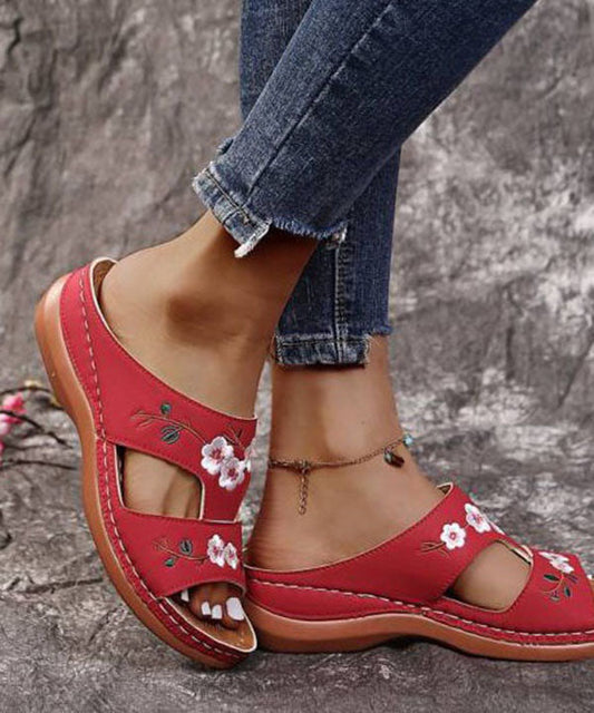 Bohemian Red Embroideried Faux Leather Splicing Wedge Slide Sandals LY2694