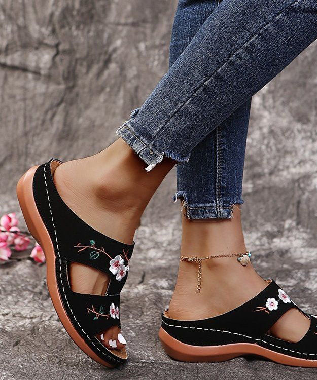 Bohemian Red Embroideried Faux Leather Splicing Wedge Slide Sandals LY2694 - fabuloryshop