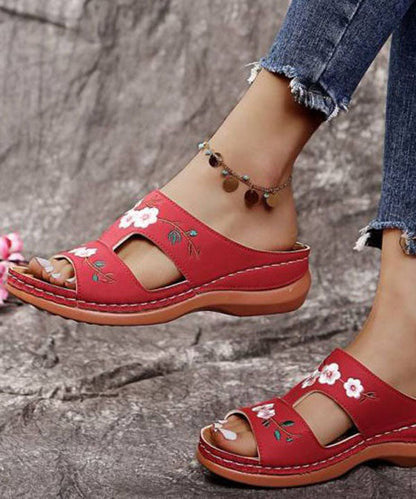 Bohemian Red Embroideried Faux Leather Splicing Wedge Slide Sandals LY2694 - fabuloryshop