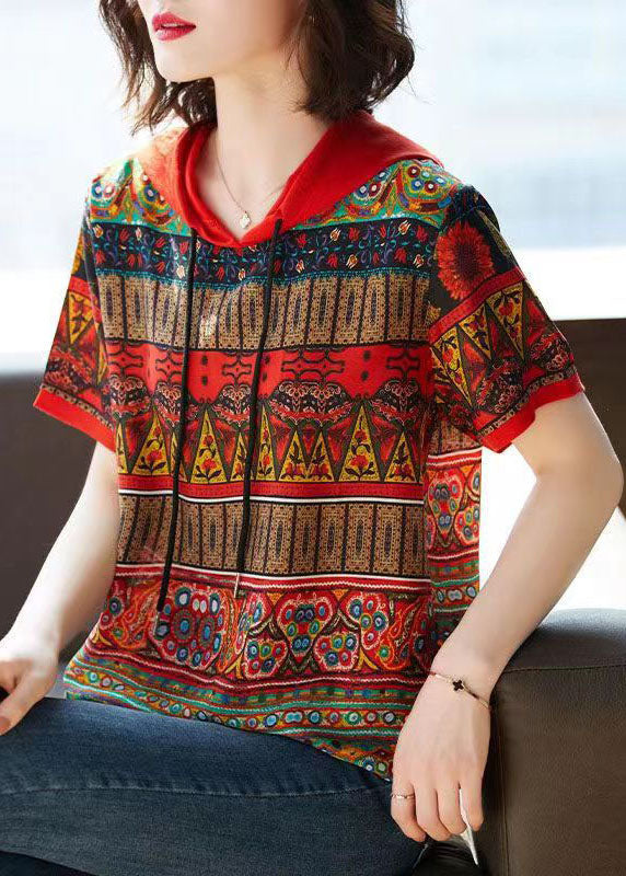 Bohemian Red Hooded Print Patchwork Chiffon T Shirts Tops Summer Ada Fashion