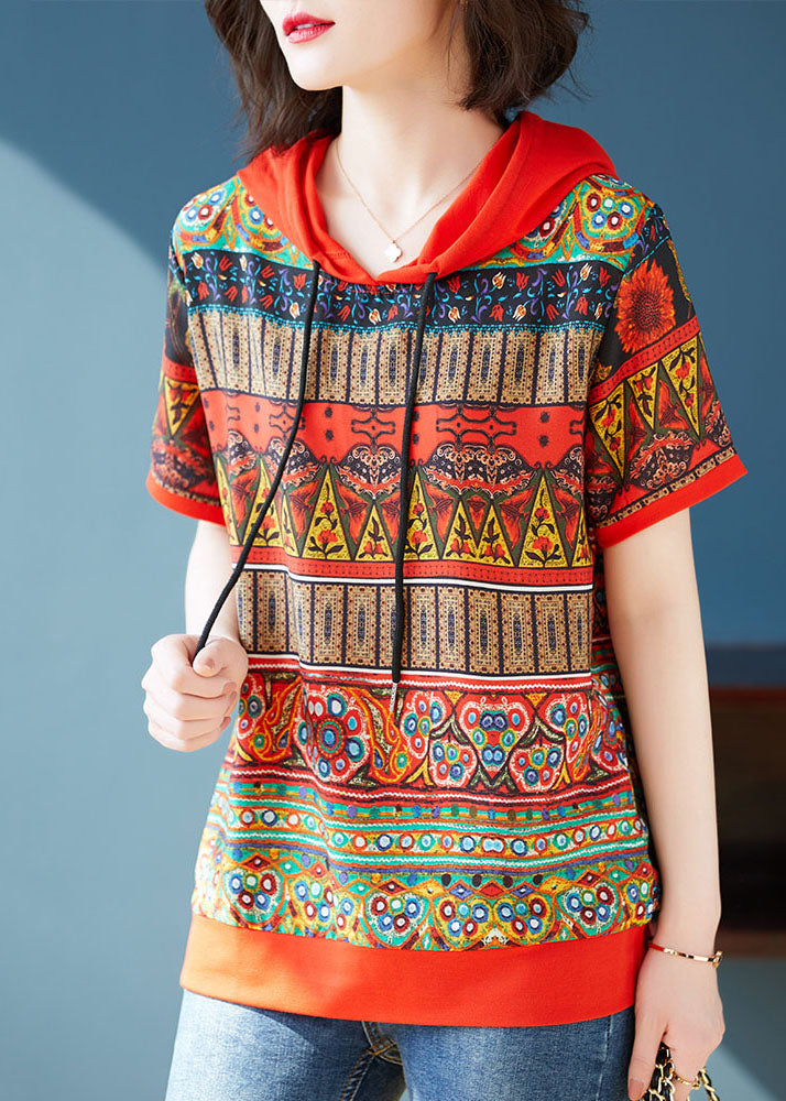 Bohemian Red Hooded Print Patchwork Chiffon T Shirts Tops Summer Ada Fashion