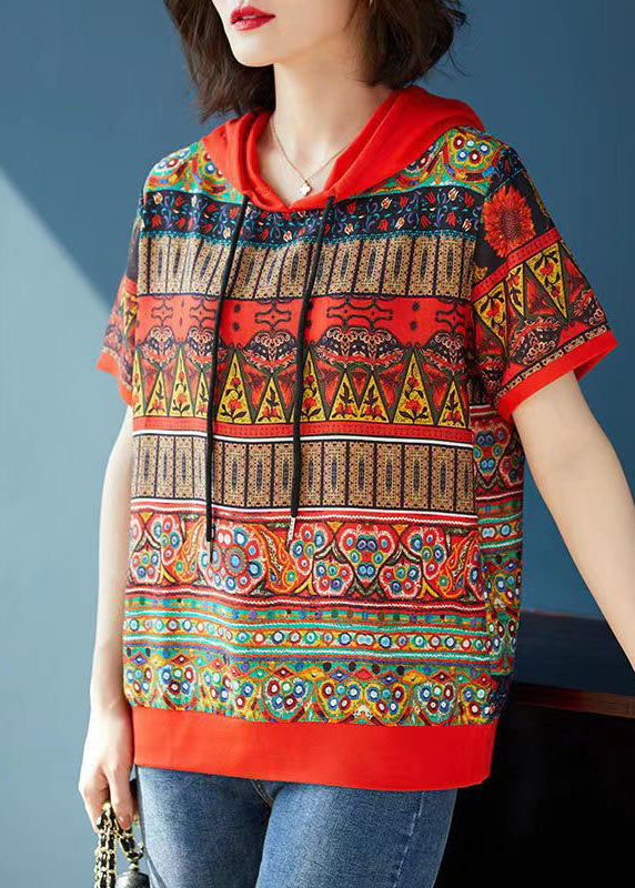 Bohemian Red Hooded Print Patchwork Chiffon T Shirts Tops Summer Ada Fashion