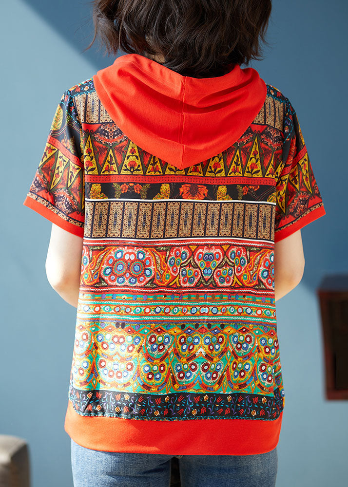 Bohemian Red Hooded Print Patchwork Chiffon T Shirts Tops Summer Ada Fashion