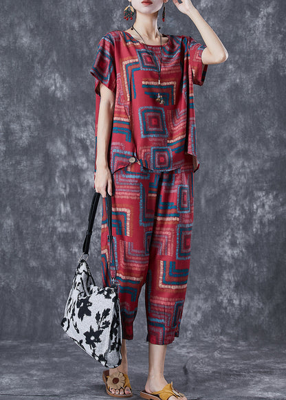 Bohemian Red O-Neck Print Linen Silk Two Piece Set Summer TD1031 - fabuloryshop