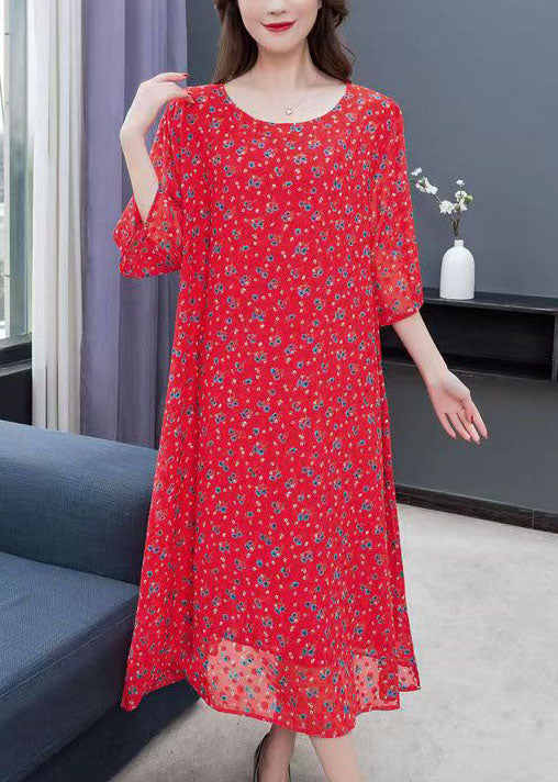 Bohemian Red O Neck Print Patchwork Chiffon Dress Summer Ada Fashion