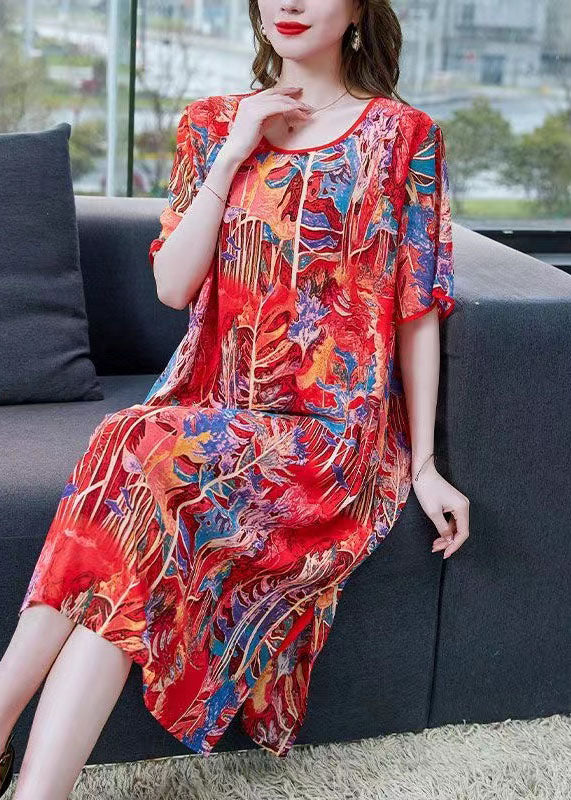 Bohemian Red O Neck Print Patchwork Silk Mid Dress Summer Ada Fashion