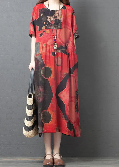 Bohemian Red Oversized Print Linen Dress Summer Ada Fashion