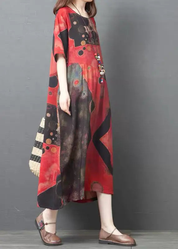 Bohemian Red Oversized Print Linen Dress Summer Ada Fashion