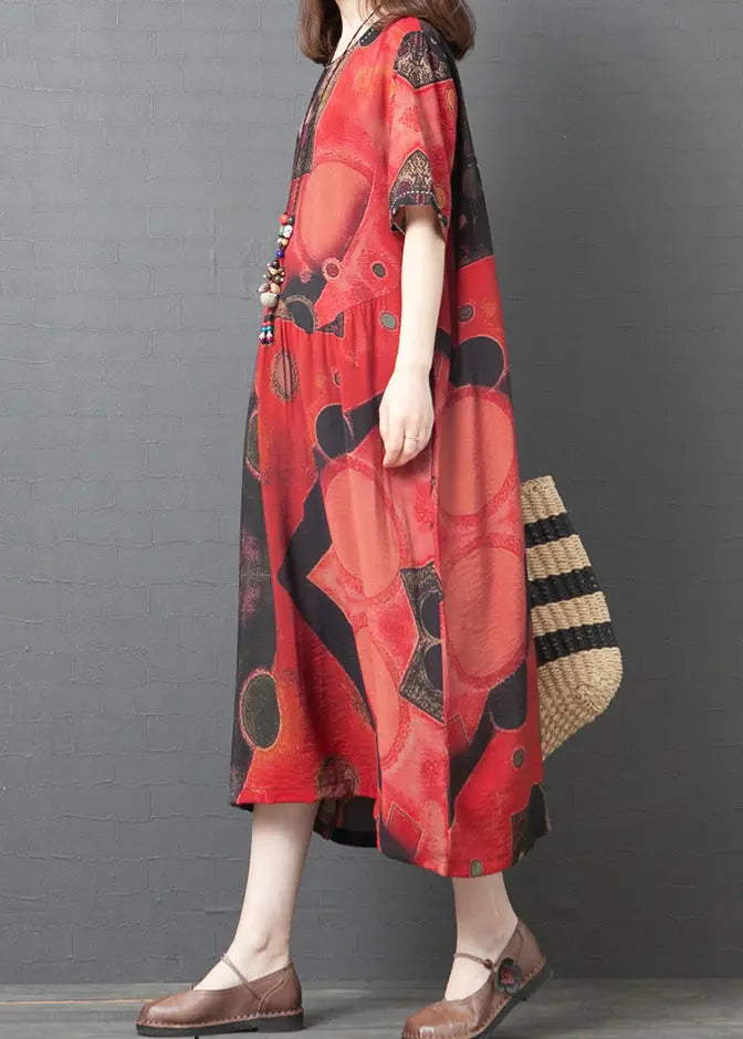 Bohemian Red Oversized Print Linen Dress Summer Ada Fashion