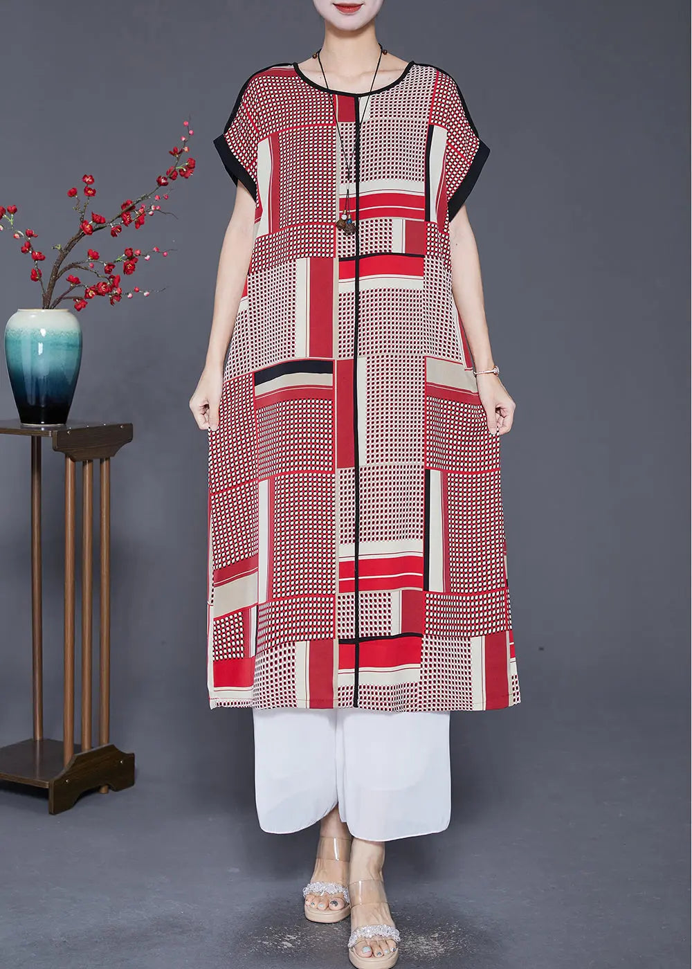 Bohemian Red Oversized Print Silk Long Dress Summer Ada Fashion