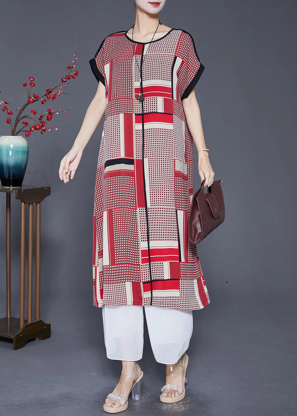 Bohemian Red Oversized Print Silk Long Dress Summer Ada Fashion