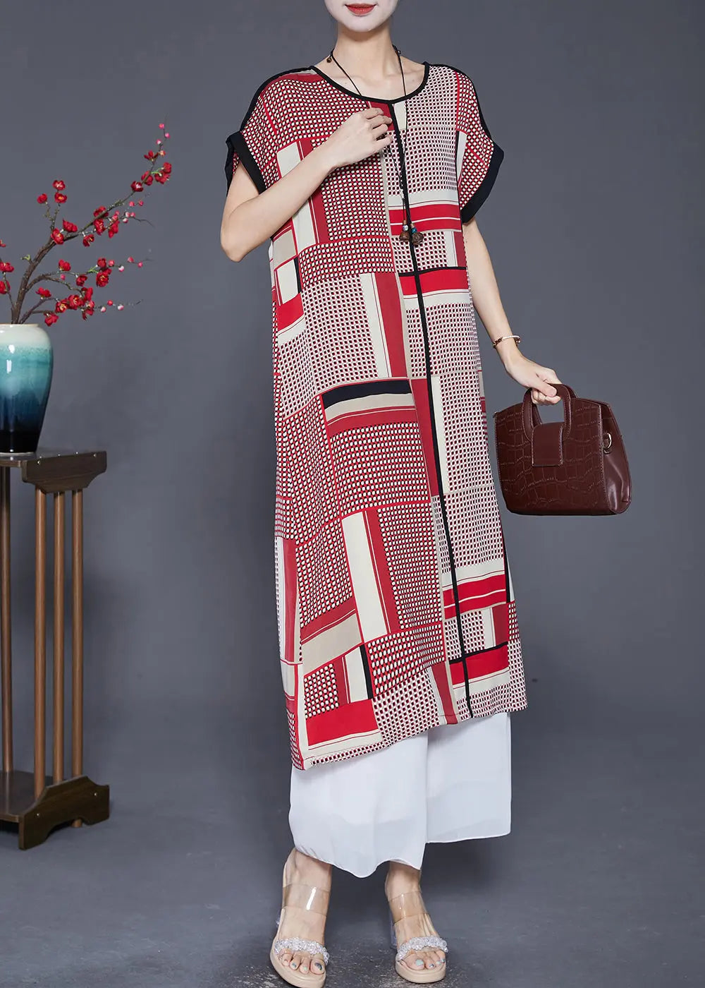 Bohemian Red Oversized Print Silk Long Dress Summer Ada Fashion