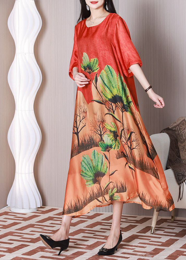 Bohemian Red Oversized Print Silk Maxi Dresses Half Sleeve LY3776 - fabuloryshop