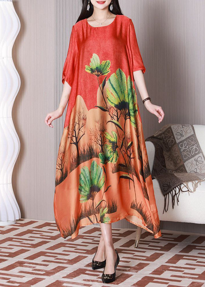 Bohemian Red Oversized Print Silk Maxi Dresses Half Sleeve LY3776 - fabuloryshop