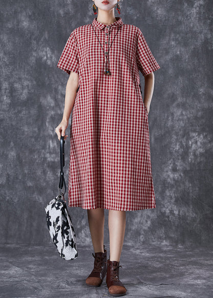 Bohemian Red Peter Pan Collar Plaid Linen Maxi Dress Summer TD1020 - fabuloryshop